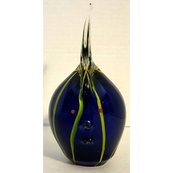 Hand Blown Art Glass Angelfish Paperweight Figurine Cobalt Blue w/ Yellow Stripe - Picture 5 of 9